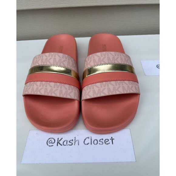 Michael Kors Slide brandy metallic striped logo sandal sherbert - Picture 1 of 6